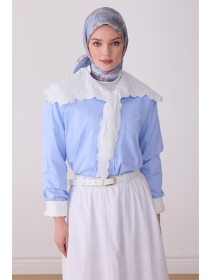 Belli Fresh Yaprak Desen Mavi Pudra Rozy Eşarp 3675 - 03