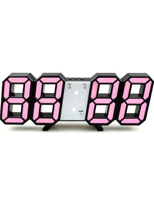 Silabor Dekoratif Dijital LED Masa Duvar Saati 3D Dijital Saat Çalar Saat LED Elektronik Saat Siyah Kasa Pembe Işık