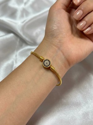 Bymiel Kadın Gold Kaplama Çelik Nazar Boncuğu Zirkon Taşlı Yılan Zincir Charm Bileklik