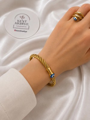 Bymiel Gold Burgu Çelik Bileklik ve Yüzük Seti – Nazar Boncuk Detaylı Unisex Takı Seti