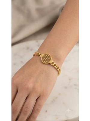 Bymiel Gold Renk Geometrik Desenli Madalyon Detaylı 316L Çelik Bileklik – Kadın Zincir Bileklik
