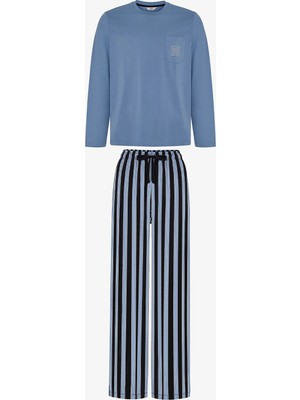 Penti Erkek Steel Blue Çizgili Pantolon Uzun Kollu Pijama Takımı