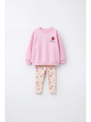 Magu Kız Çocuk Çilek Nakışlı Pembe Sweatshirt ve Tayt Takımı