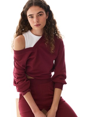 Penti Bordo Geniş V Yaka Uzun Kollu Sweatshirt