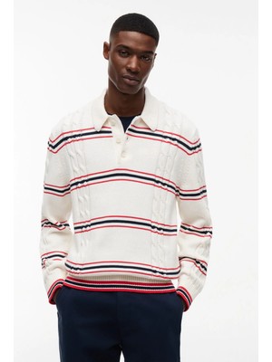 Tommy Jeans Beyaz Erkek Oversized Çizgili Kazak DM0DM23212YBH Tjm Reg Strıpe Cable