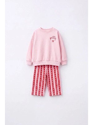 Magu Kız Çocuk Pamuklu Pembe Sweatshirt ve Kırmızı Kalp Desenli Çizgili Eşofman Takımı