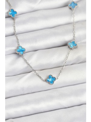 Hsc Bilişim 316L Çelik Zincir Gümüş Renk Buz Mavisi Baby Boy Yonca Kadın Kolye