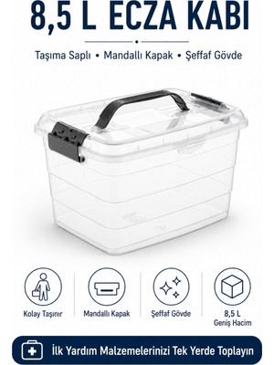 Nuaen 8,5 L Ecza Kabı Şeffaf ve Ilk Yardım Malzemesi Saklama Kutusu Taşıma Saplı