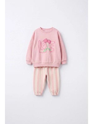Magu Kız Çocuk Pamuklu Kiraz Baskılı Pembe Sweatshirt ve Çizgili Pantolon Takımı