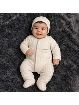 Mummys Love Erkek Bebek Kruvaze Yaka Tulum ve Bere - Ekru