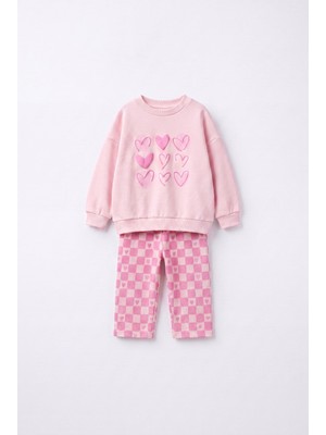 Magu Kız Çocuk Kalp Baskılı Pembe Sweatshirt ve Kare Desenli Eşofman Takımı
