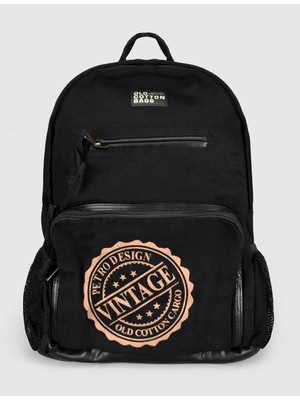Cabani Siyah Baskılı Keten Unisex Sırt Çantası