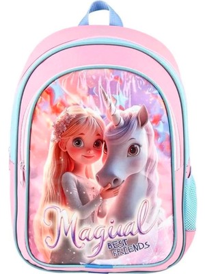 Mikro Kız Çocuk Unicorn Desenli Sırt Çantası ve Beslenme Çantası Seti – Pembe