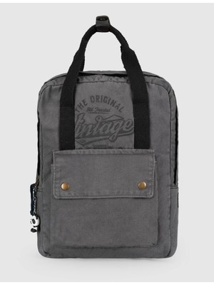 Cabani Antrasit Vintage Baskılı Keten Unisex Sırt Çantası