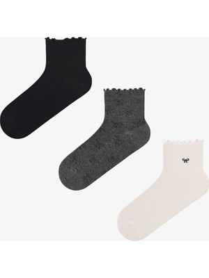 Penti Gri Siyah Beyaz Ribbon Fırfırlı Fiyonk Desenli 3 Çift Soket Çorap