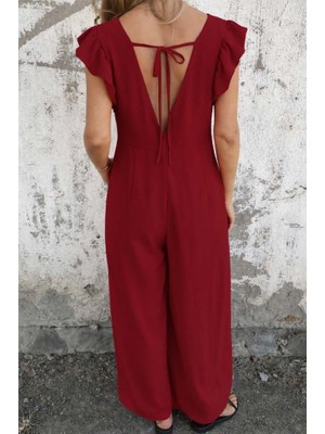 paris store Kadın Kısa Kollu V Yakalı Arkası Derin Bağcıklı Uzun Aerobin Tulum