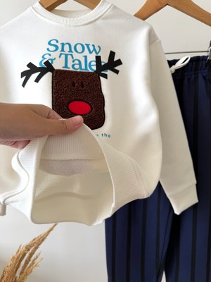 Magu Erkek Çocuk Pamuklu Geyik Aplikeli Sweatshirt ve Çizgili Eşofman Takımı