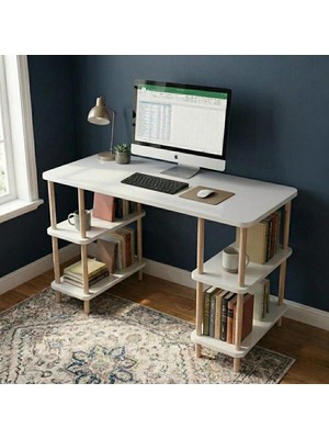 Kitaplıklı Bilgisayar Masası Raflı Çalışma Masası Modern Dekoratif Ofis Mobilyası Beyaz 120