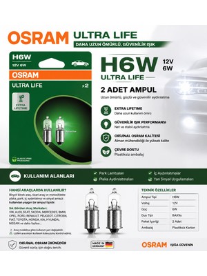 Osram H6W Ultra Life 12V 6W BAX9S Ampul 2 Adet Uzun Ömürlü Park Plaka Iç Aydınlatma