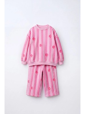 Magu Kız Çocuk Pembe Çizgili Çiçek Desenli Sweatshirt ve Eşofman Takımı