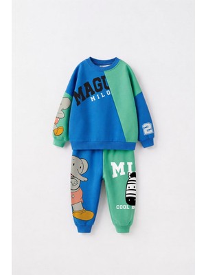 Çocuk Magu ve Milo Baskılı Mavi Yeşil Sweatshirt ve Eşofman Altı Takımı