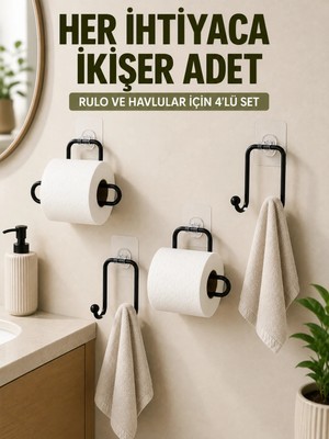 Ruhes Yapışkanlı Banyo Düzenleme Seti 2 Rulo Tutucu 2 Havlu Askılığı 4 Parça