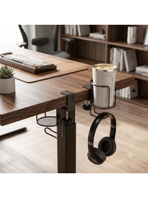 Mcstorey Masa Kenarı Bardak Tutucu ve Kulaklık Askısı, Kelepçeli Metal Masa Içecek Tutucu, Ayarlanabilir Masa Bardaklığı, Kahve Kupası, Termos ve Su Şişesi Için Ofis Oyuncu Masası Organizer Siyah