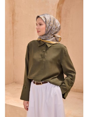 Belli Gri Çok Renkli Etnik Desen %100 Twill Ipek Eşarp 4101 - 03