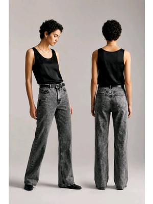 Hies Wide Leg Palazzo Kadın Jeans, Likralı Yüksek Bel Kot Pantolon - Füme