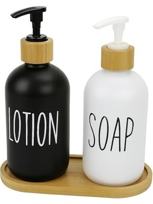 2’li Cam Sıvı Sabunluk ve Losyonluk Seti | 500 ml Siyah & Beyaz Boyalı Cam | Bambu Kapak ve Ahşap Altlıklı Banyo Seti | Şık ve Dayanıklı Tasarım