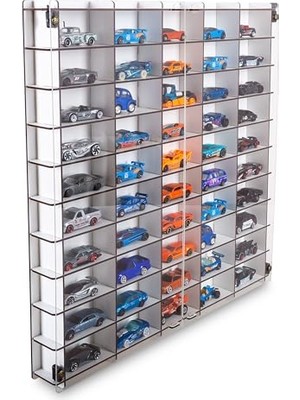 Pleksi Kapaklı 1/64 Ölçek 50ARAÇ Hotwheels Matchbox Metal Araç Uyumlu Model Oyuncak Araba Rafı-Beyaz