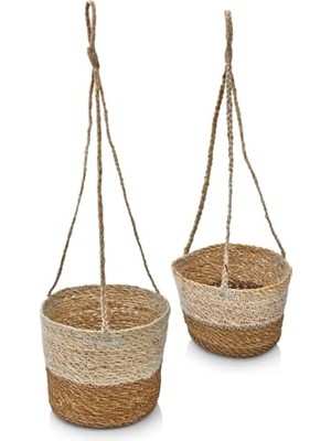 Deconox 2'li Asılabilir El Yapımı ve Doğal Çift Renk Yuvarlak Hasır Saksılık Seti, 2'li Ipli Asılabilir Hasır Yuvarlak Saksı Seti (23CM*18CM-20CM*15CM)