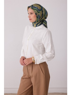 Belli Yeşil Geometrik Desen %100 Twill Ipek Eşarp 4424-81