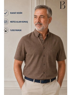 BURSPA Rahat Kesim Klasik Erkek Baba Kısa Kol %100 Pamuk Keten Gömlek