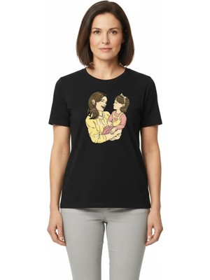 Anneler Günü Hediye Anne Kız Temalı Baskılı Oversize Bisiklet Yaka T-Shirt - Siyah