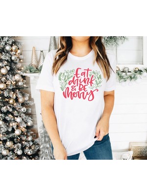 Yılbaşı Noel Baskılı Kısa Kollu Oversize Bisiklet Yaka T-Shirt - Beyaz