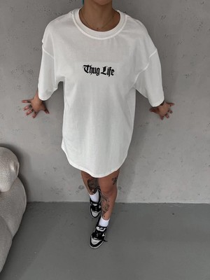 Kadın Kısa Kol Yazlık Tişört Bisiklet Yaka Baskılı Oversize T-Shirt - Beyaz