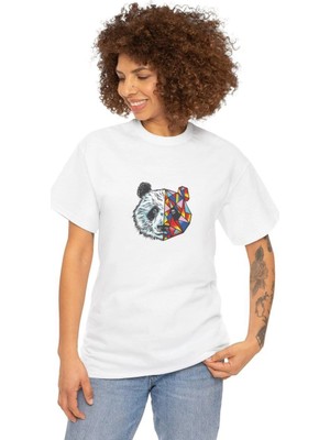 Kadın Bisiklet Yaka Baskılı  Kısa Kol T-Shirt - Beyaz