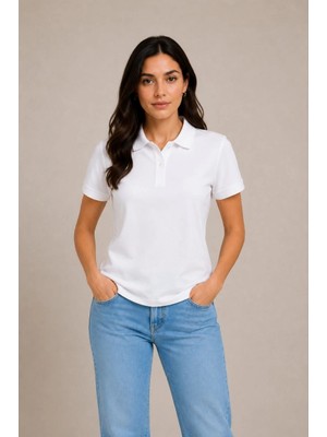 Kadın Polo Yaka Pike Kumaş Düğmeli Basic Tişört Günlük Rahat - Beyaz