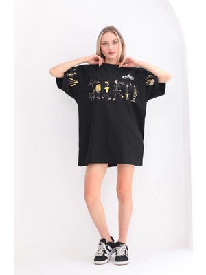 Kadın Kısa Kol Yazlık Tişört Bisiklet Yaka Baskılı Oversize T-Shirt - Siyah