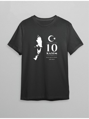 10 Kasım Atatürk Anma Günü Silüet Baskılı Oversize Bisiklet Yaka T-Shirt - Siyah