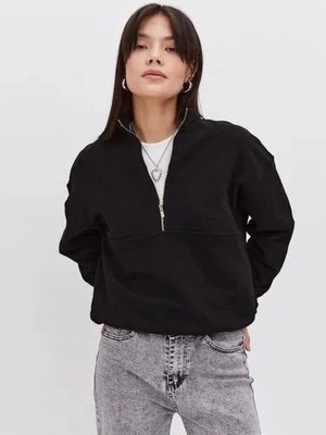 Kadın 3 Iplik Pamuklu Oversize Yarım Fermuarlı Yakalı Basic Sweatshirt - Siyah