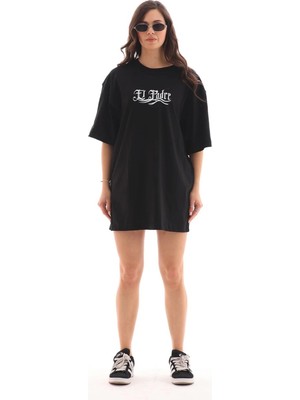 Kadın Kısa Kol Yazlık Tişört Bisiklet Yaka Baskılı Oversize T-Shirt - Siyah