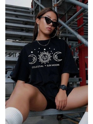 Kadın Baskılı T-Shirt Kısa Kol Bisiklet Yaka Oversize Rahat Kalıp Tişört - Siyah