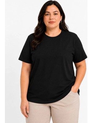 Kadın Battal Big Size Basic Tişört Bisiklet Yaka Rahat Kalıp T-Shirt - Siyah