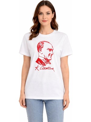 Kadın Atatürk Baskılı Tişört Kısa Kollu Bisiklet Yaka T-Shirt - Beyaz