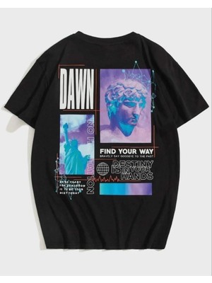 Kadın Baskılı T-Shirt Kısa Kol Bisiklet Yaka Oversize Rahat Kalıp Tişört - Siyah