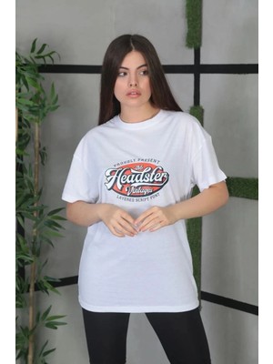 Kadın Kısa Kol Yazlık Tişört Bisiklet Yaka Baskılı Oversize T-Shirt - Beyaz