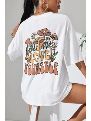 Kadın Baskılı Oversize Kısa Kol T-Shirt - Beyaz
