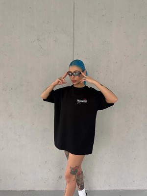 Kadın Bisiklet Yaka Baskılı Kısa Kol Oversize T-Shirt - Siyah